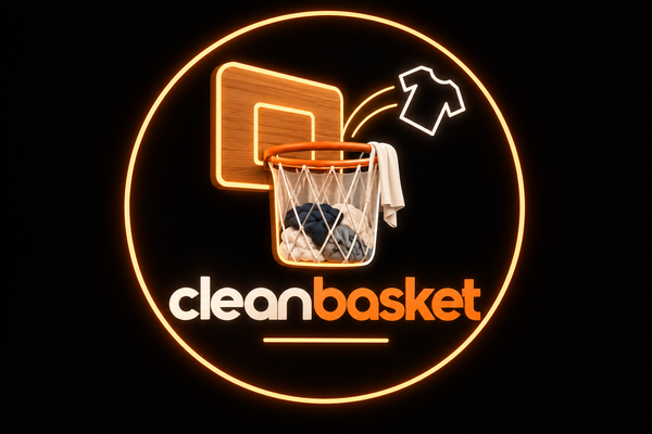 Clean Basket orange hoop and laundry logo on black